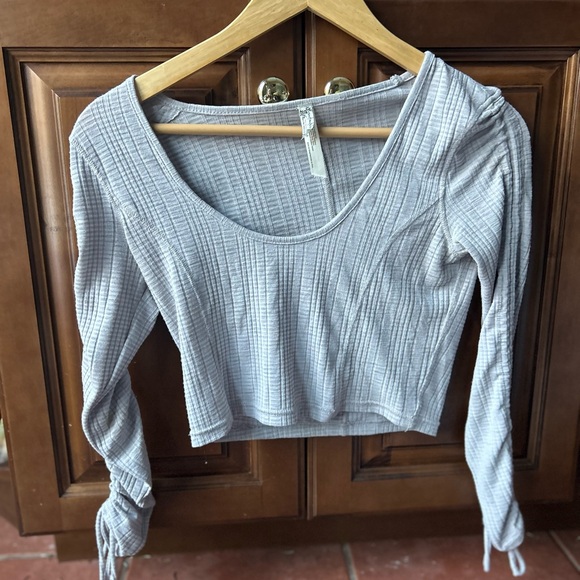 Anthropologie Tops - Free people intimately free Gray Ribbed Long Sleeve Top ruched sleeves  cropped